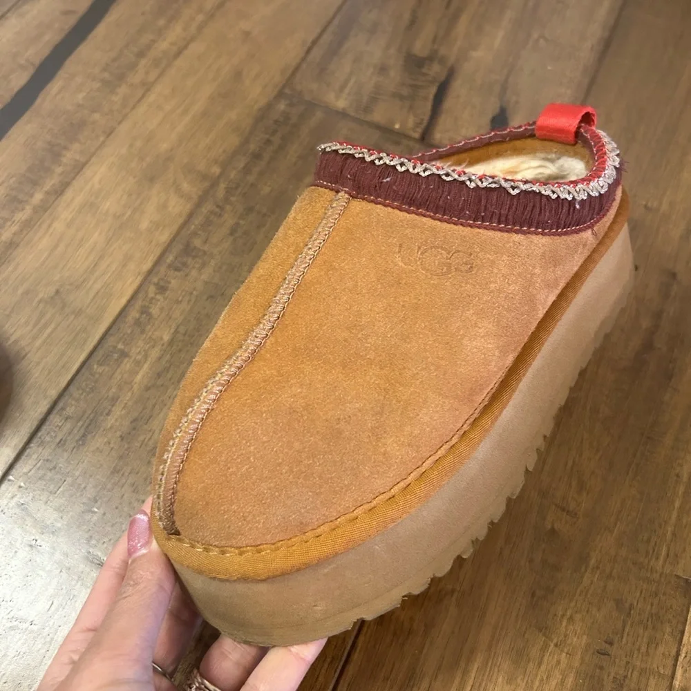 UGG Chestnut Suede Platform Mules with Red Accents - Picture 5 of 9